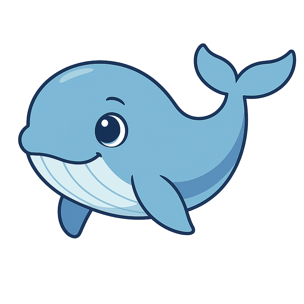A small, chubby, light sky-blue baby whale with a large round eye and a stubby tail fluke.