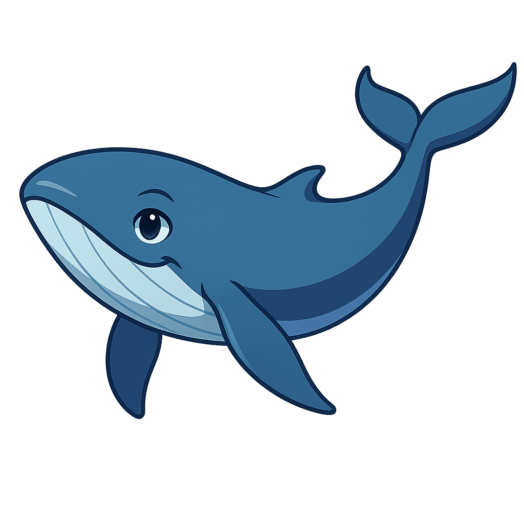 A medium-sized adolescent whale in mid blue, longer and more defined than the baby form.
