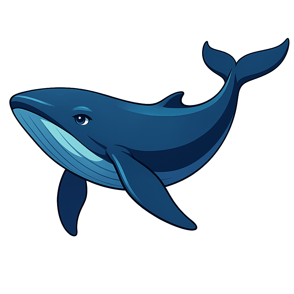 A large adult whale in deep saturated ocean blue with a broad sweeping tail fluke.