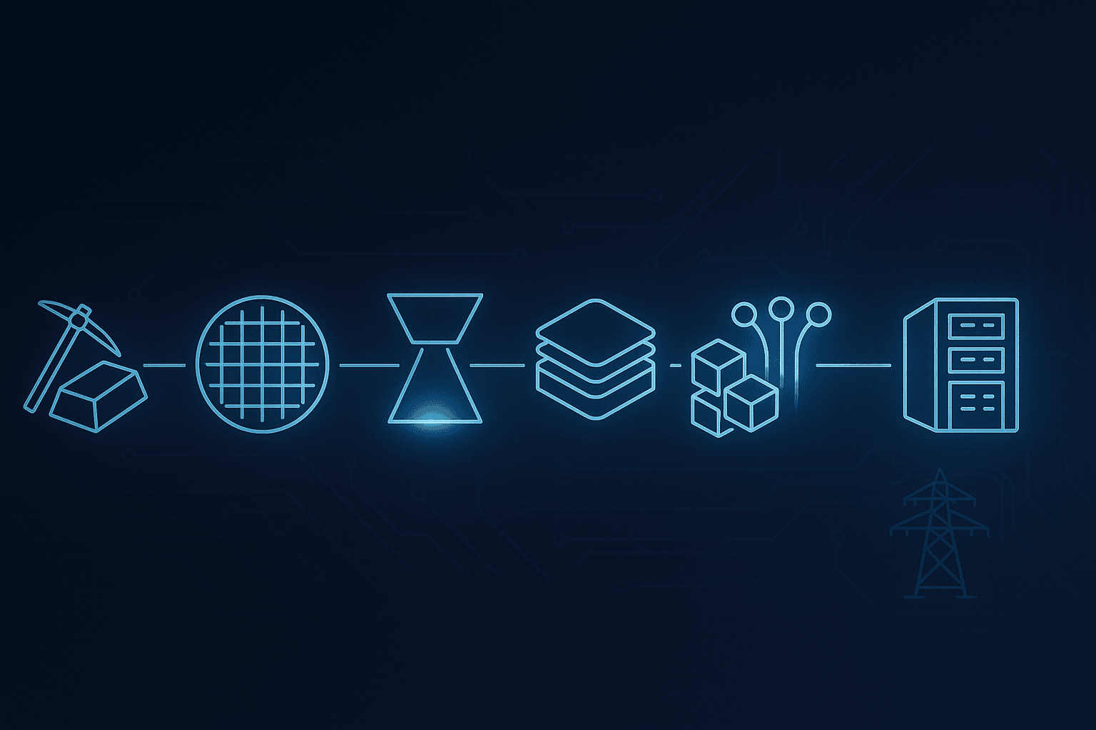 The AI compute supply chain, from raw copper and silicon wafers through lithography, packaging, memory, optics and power to a data-center rack.