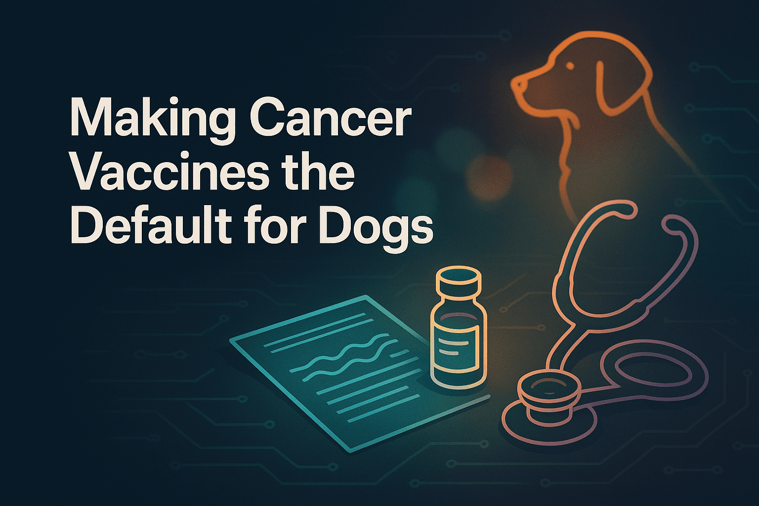 Line-art illustration on a dark ground: a sequencing readout, a single vaccine vial, and a stethoscope, with the outline of a seated dog behind them.