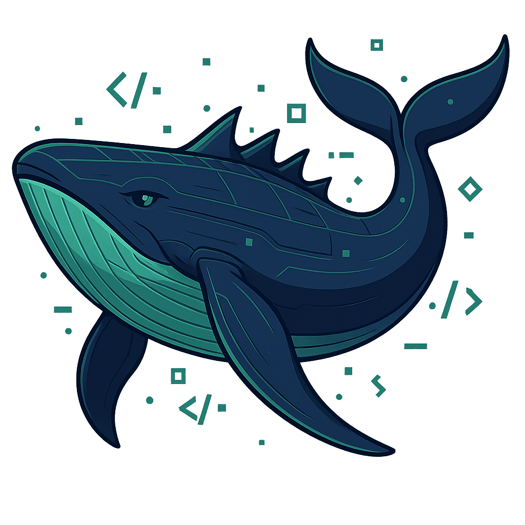 The Deep 4 whale with emerald-green code glyphs and geometric motes floating around it and technical panel lines along its back.