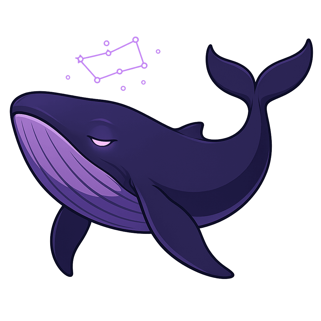 A contemplative, meditative version of the Deep 4 whale in deep violet with half-closed glowing eyes and a constellation of thought points above its head.