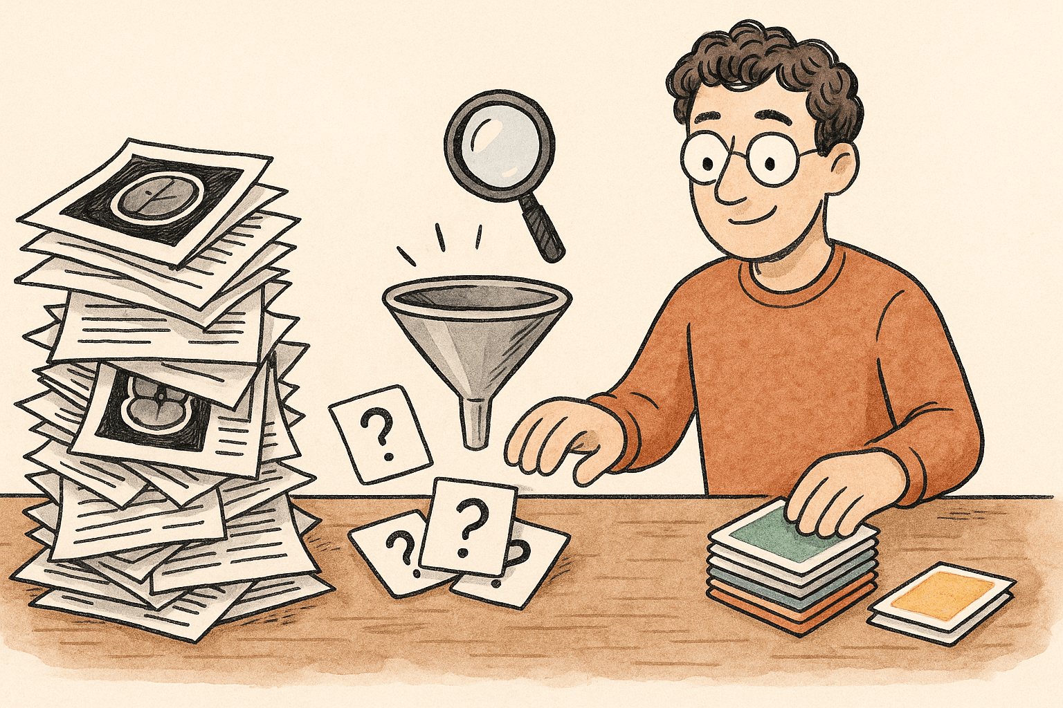 An engineer sorting messy MRI studies and reports into organised training cards