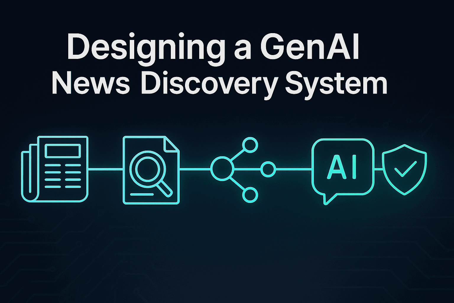 A pipeline of glowing connected icons representing a newspaper, hybrid search, a retrieval graph, an AI assistant, and an editorial guardrail shield.