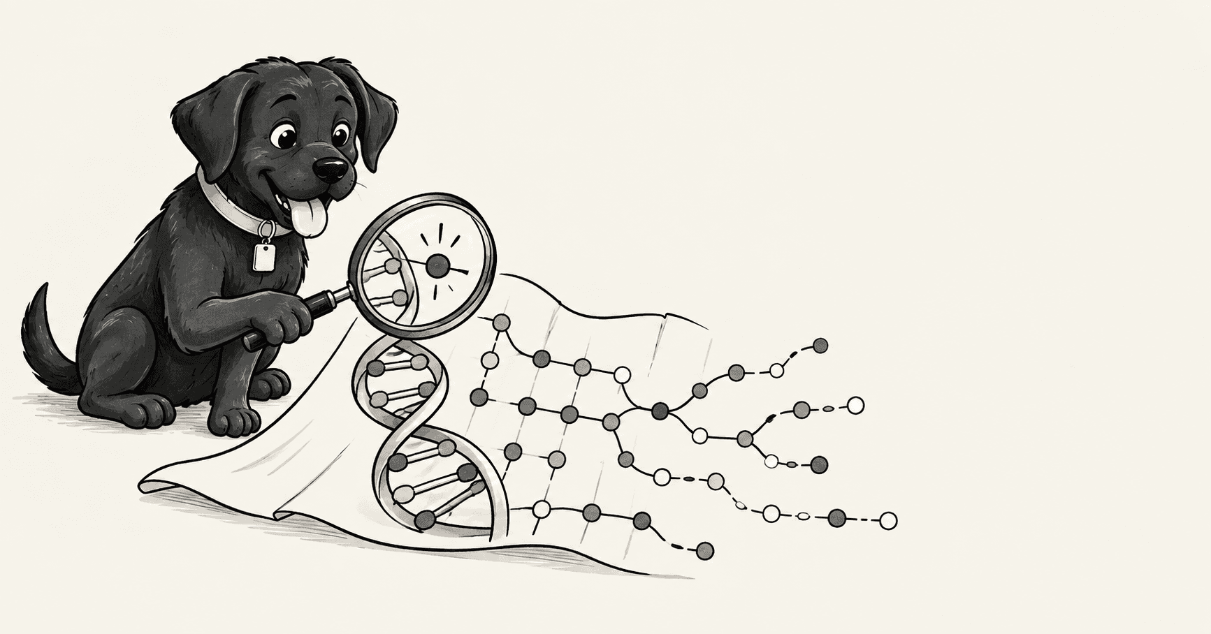 Rosie inspecting a genome map through a magnifying glass
