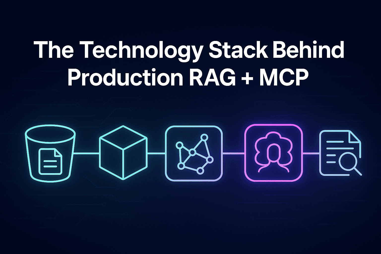 A pipeline of glowing connected nodes representing raw storage, a metadata registry, a hybrid search index, and a model/MCP serving layer.